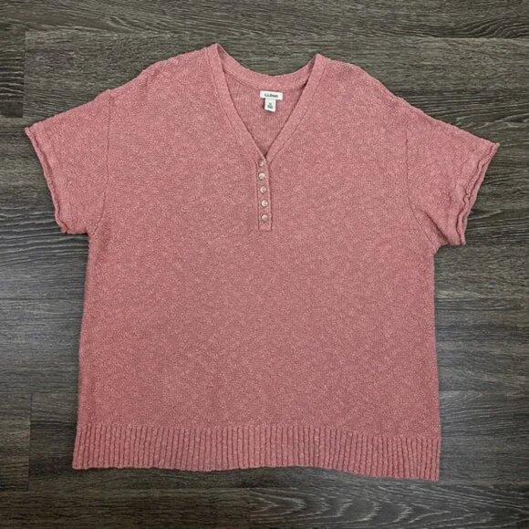 L.L. Bean Sweater Womens‎ Size 1X Pink Midweight Cotton Slub Henley Short Sleeve - Picture 1 of 12